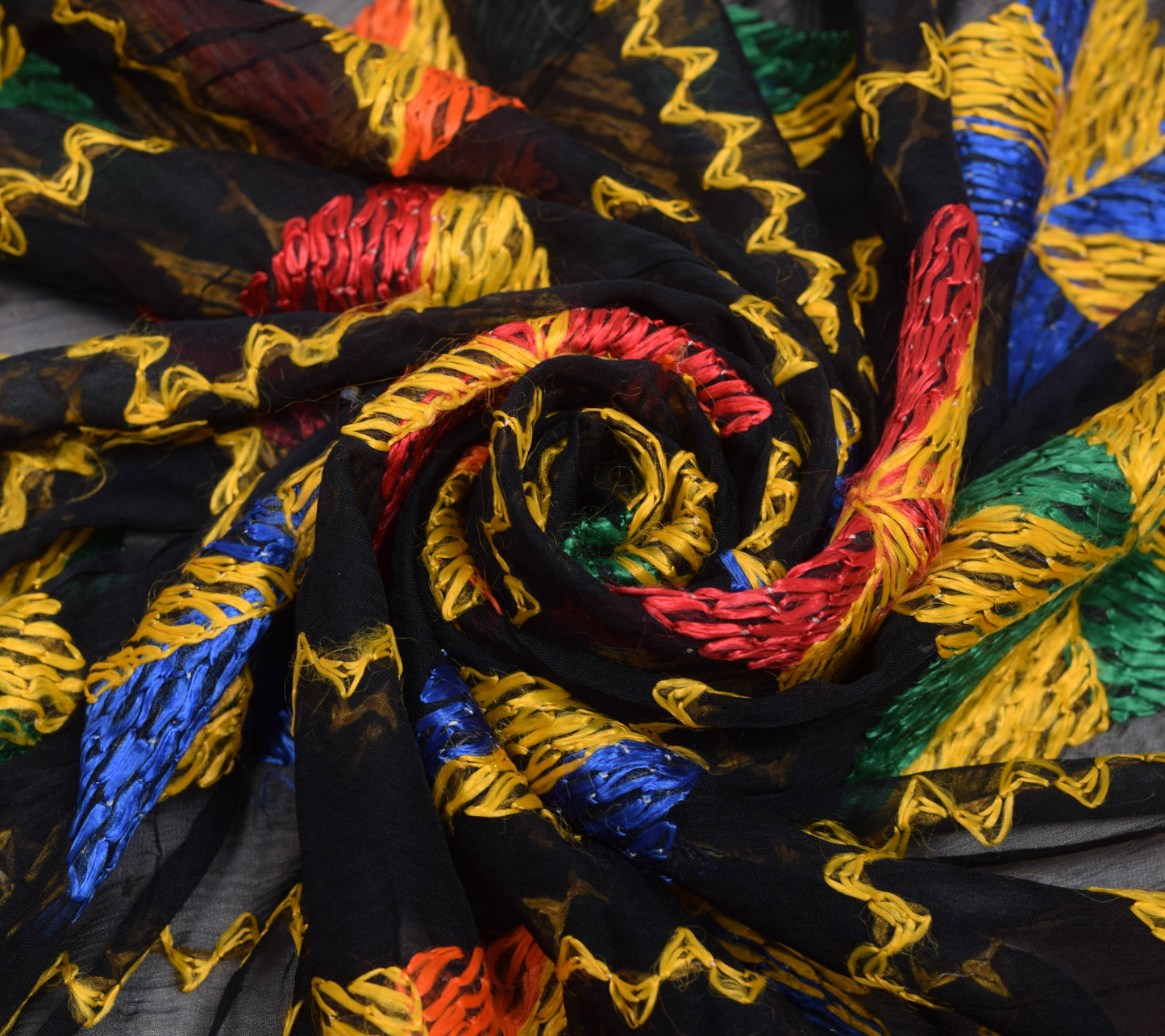 Sushila Vintage Black Chiffon Silk Dupatta Phulkari Embroidered Long Stole Wrap
