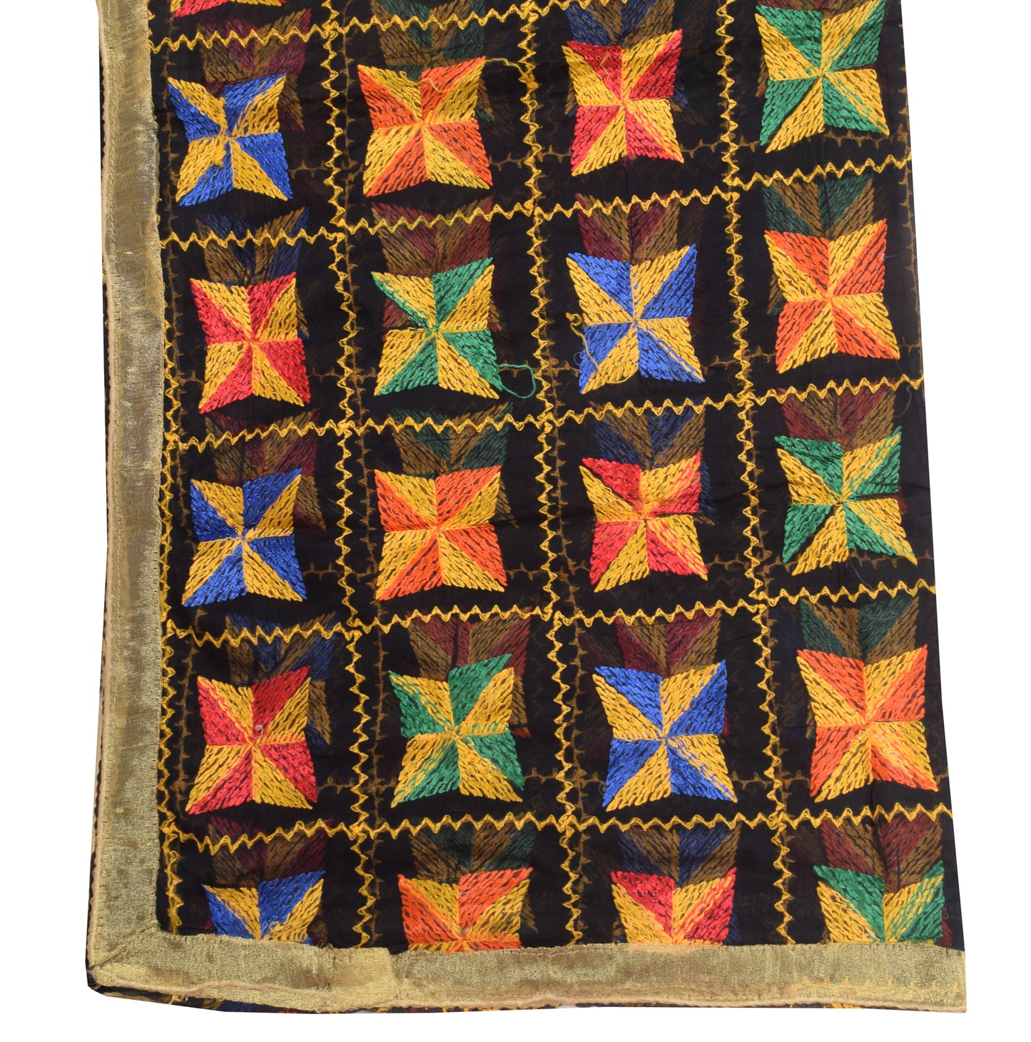 Sushila Vintage Black Chiffon Silk Dupatta Phulkari Embroidered Long Stole Wrap