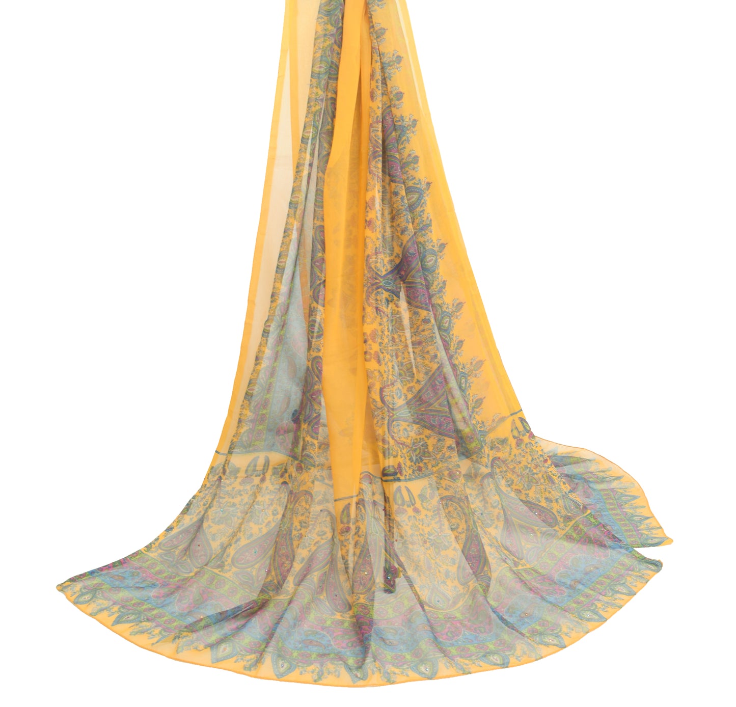 Sushila Vintage Yellow Blend Georgette Silk Dupatta Paisley Printed Long Stole