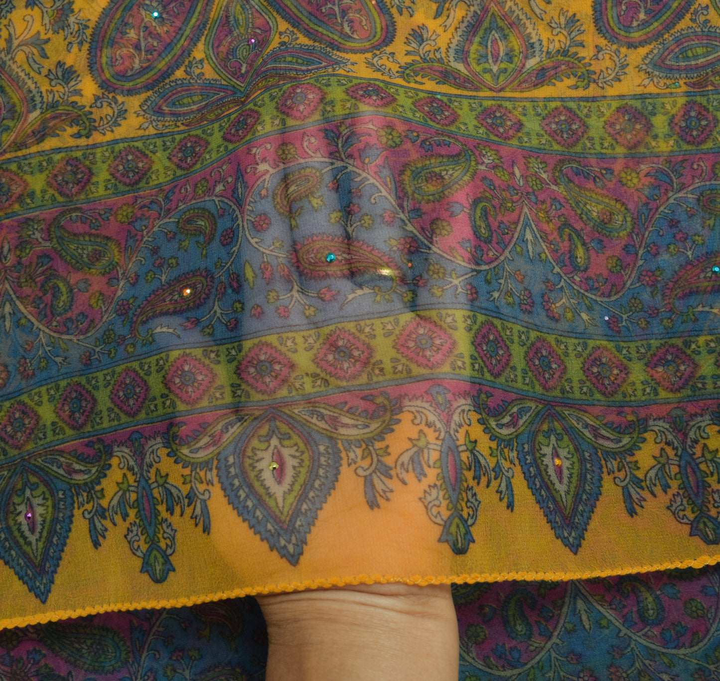 Sushila Vintage Yellow Blend Georgette Silk Dupatta Paisley Printed Long Stole