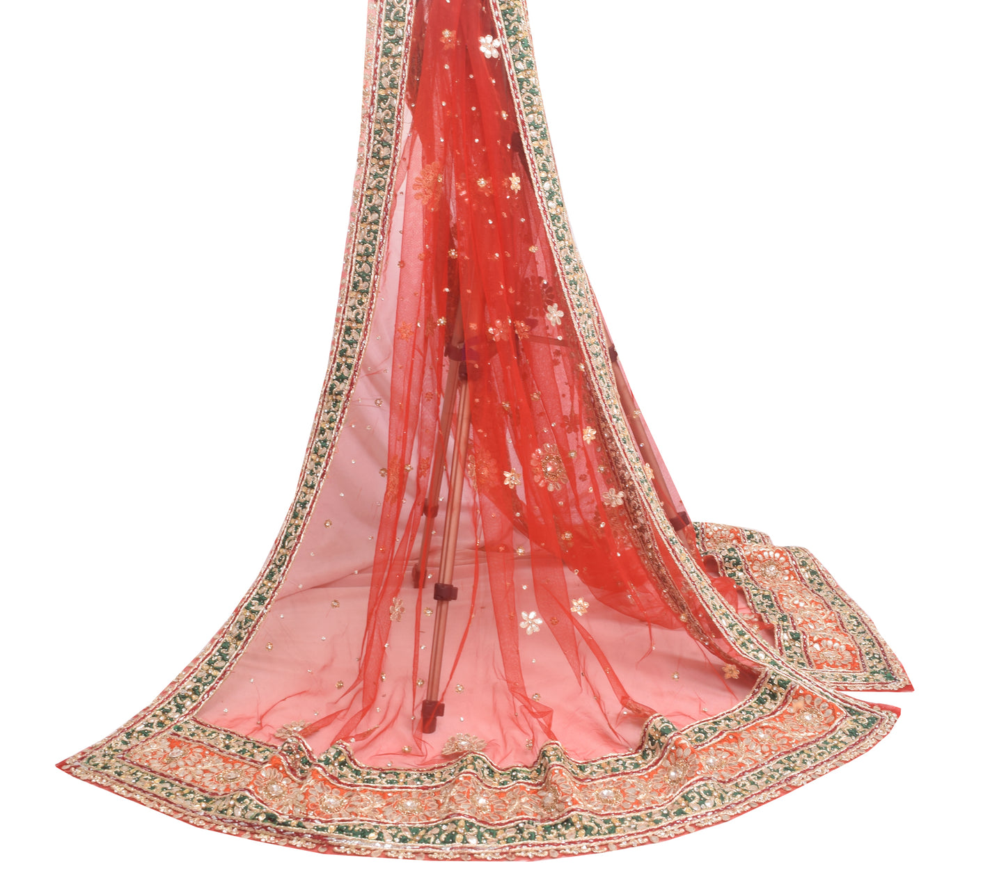 Sushila Vintage Red Bridal Heavy Dupatta Net Mesh Hand Beaded Floral Long Stole