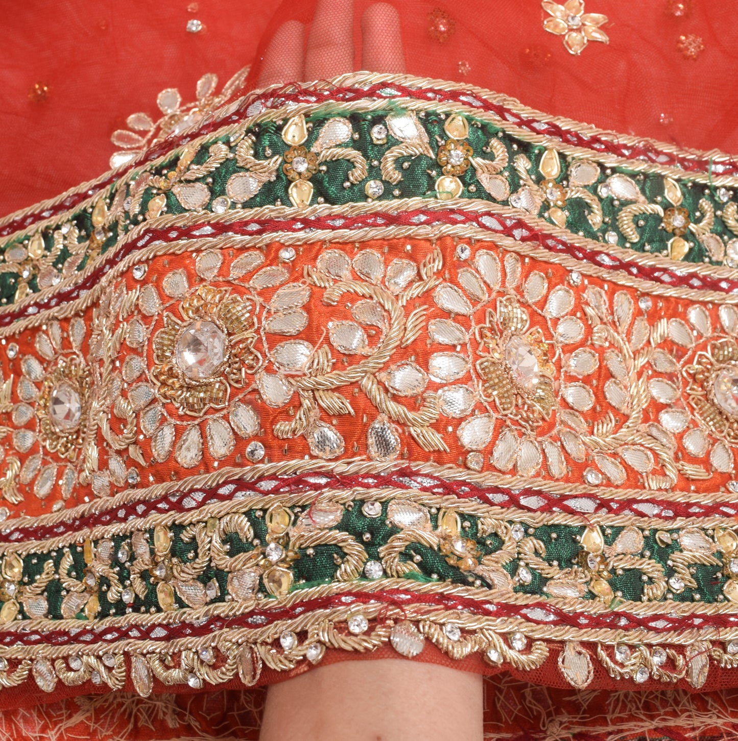 Sushila Vintage Red Bridal Heavy Dupatta Net Mesh Hand Beaded Floral Long Stole