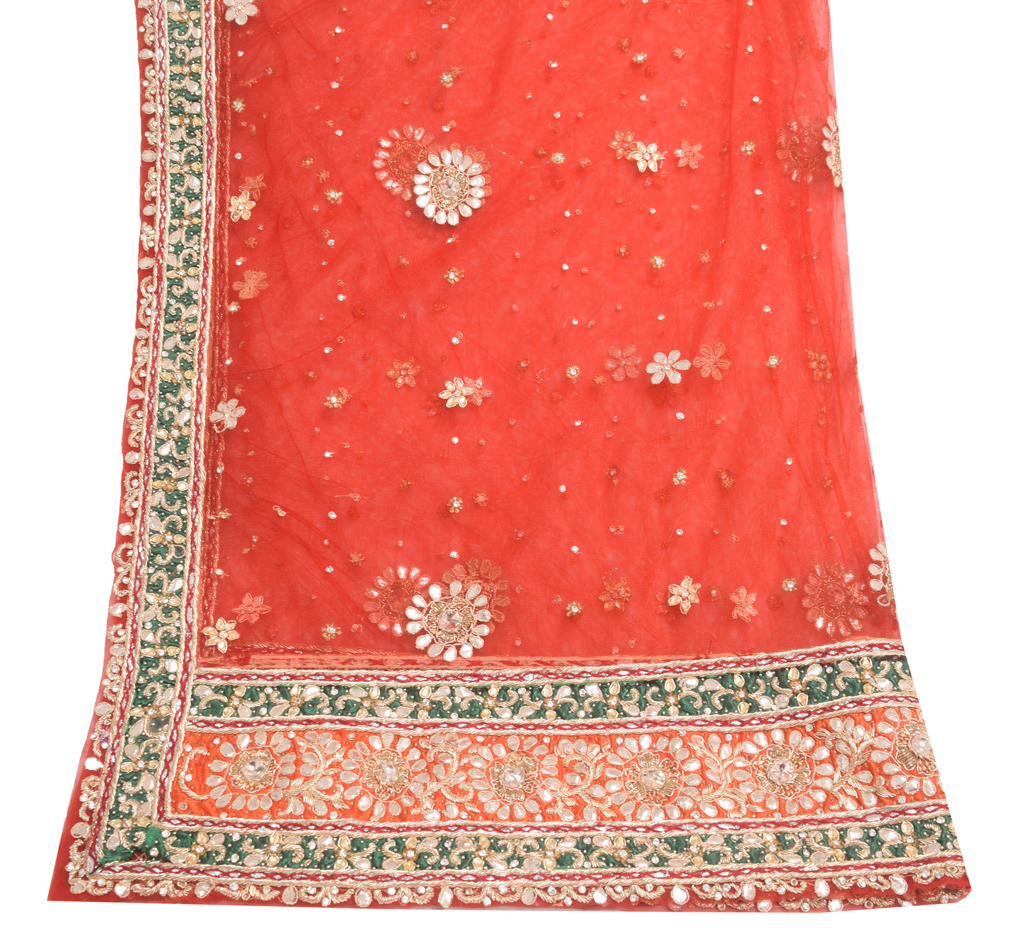 Sushila Vintage Red Bridal Heavy Dupatta Net Mesh Hand Beaded Floral Long Stole