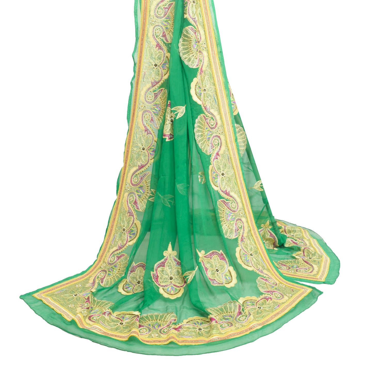 Sushila Vintage Green Pure Chiffon Silk Dupatta Embroidered Floral Long Stole