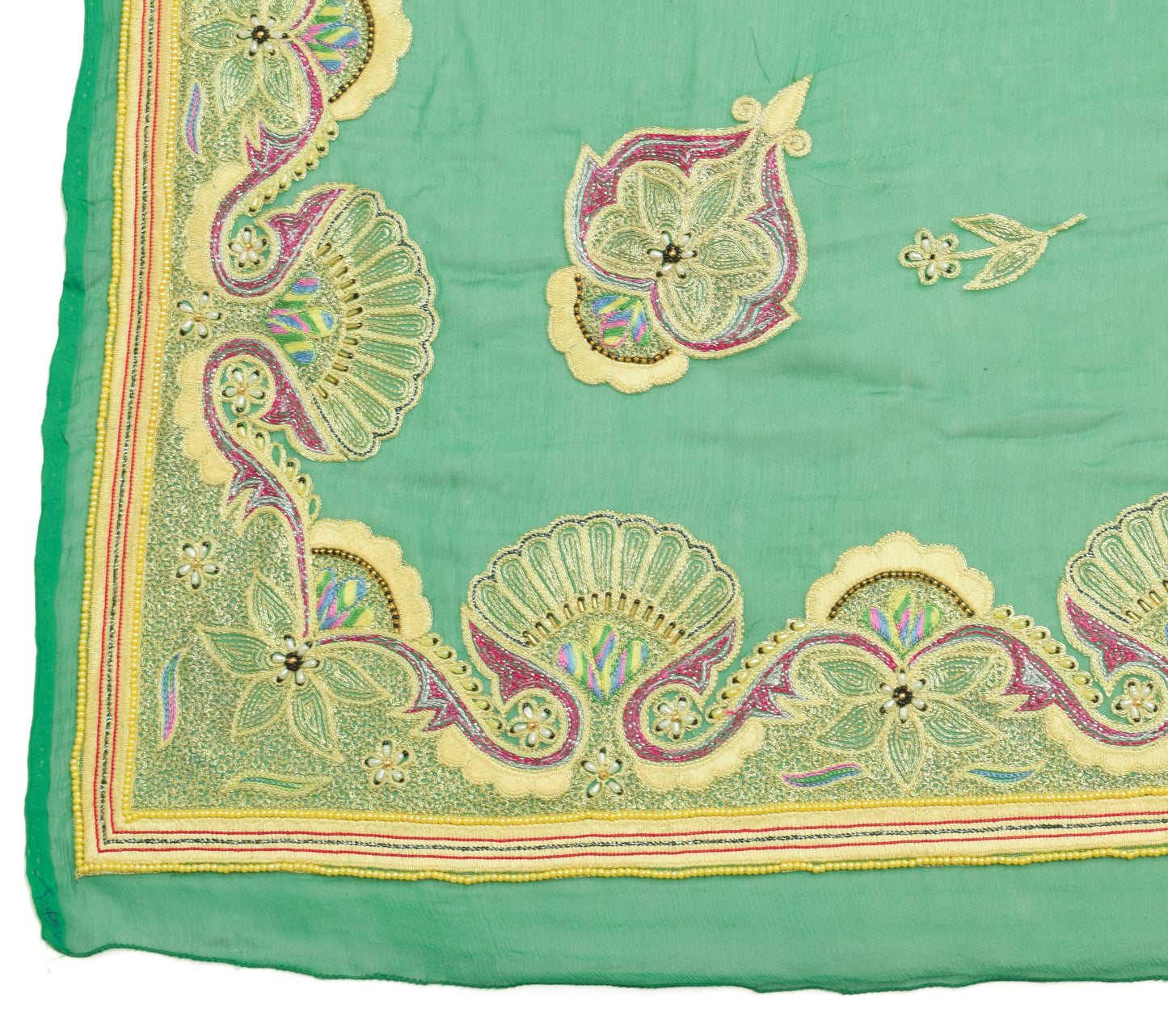 Sushila Vintage Green Pure Chiffon Silk Dupatta Embroidered Floral Long Stole