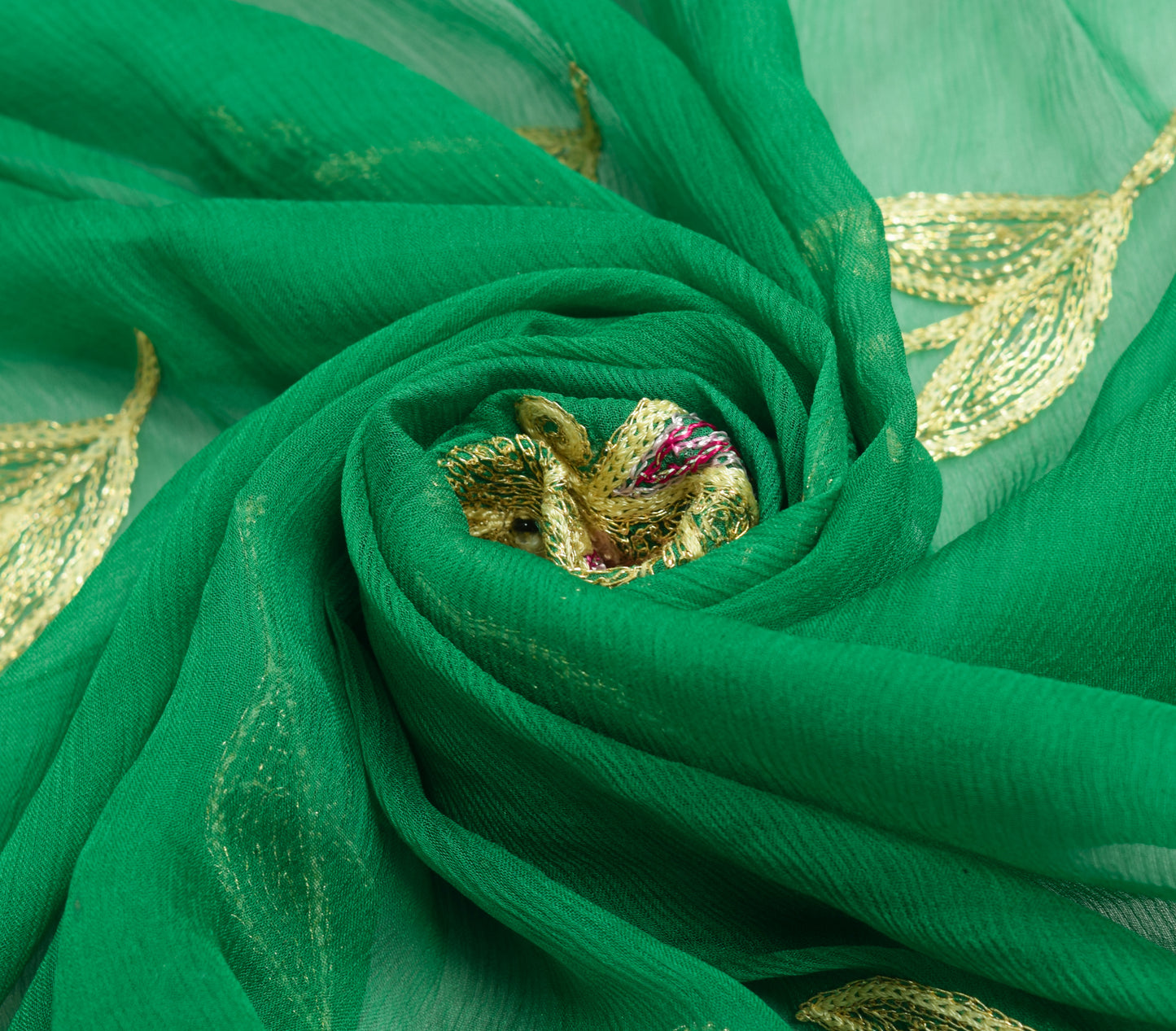Sushila Vintage Green Pure Chiffon Silk Dupatta Embroidered Floral Long Stole