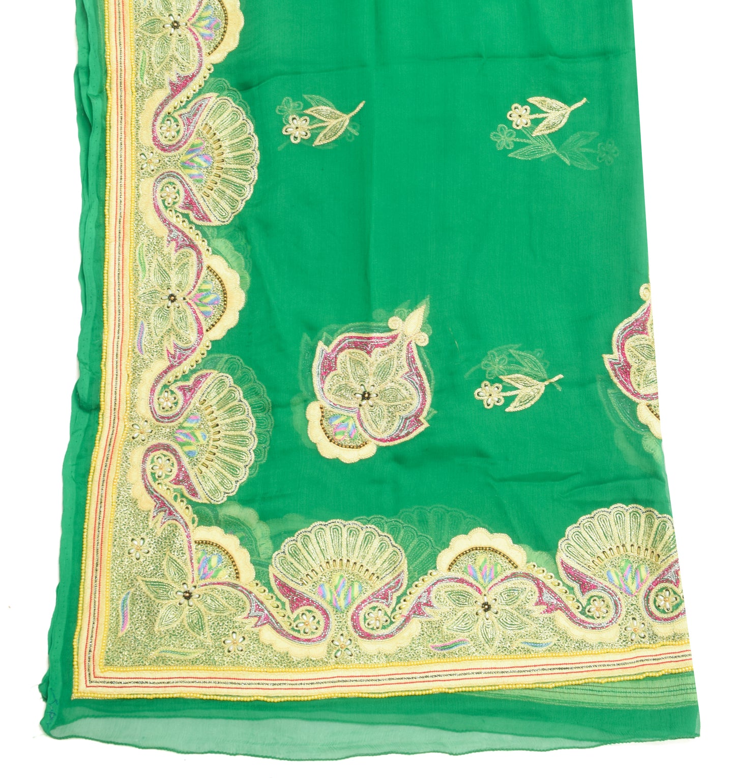 Sushila Vintage Green Pure Chiffon Silk Dupatta Embroidered Floral Long Stole