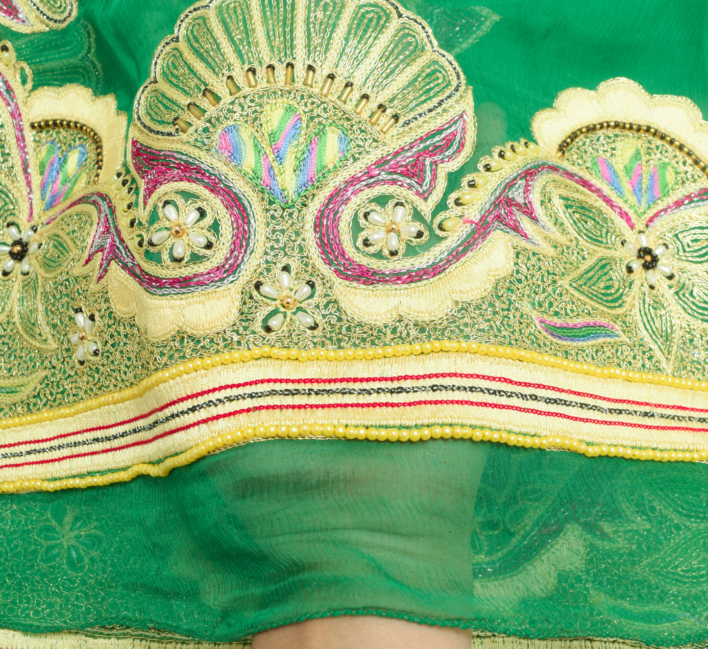 Sushila Vintage Green Pure Chiffon Silk Dupatta Embroidered Floral Long Stole