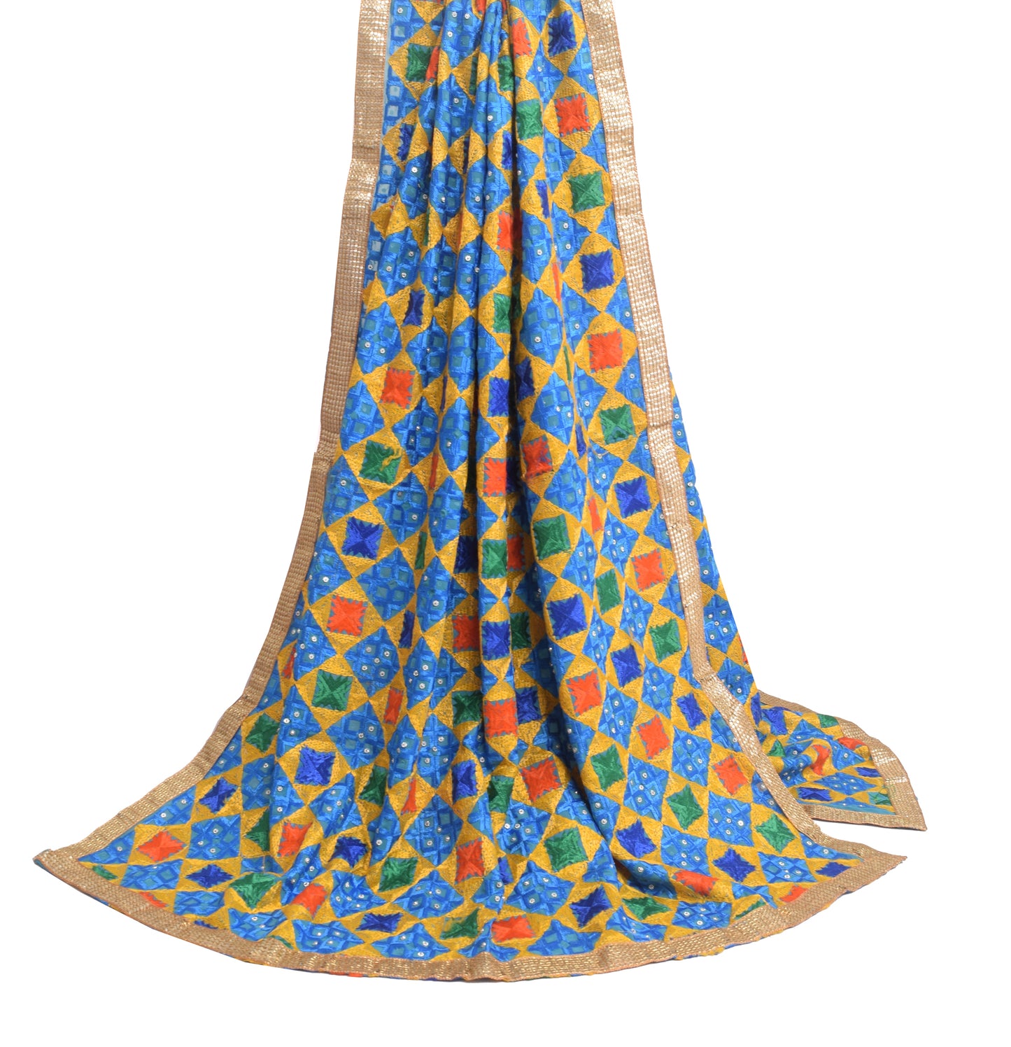 Sushila Vintage Aqua Green Phulkari Embroidered Dupatta Georgette Long Stole