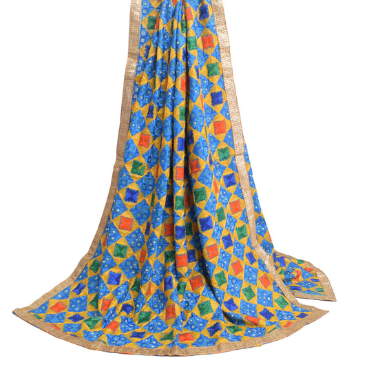 Sushila Vintage Aqua Green Phulkari Embroidered Dupatta Georgette Long Stole
