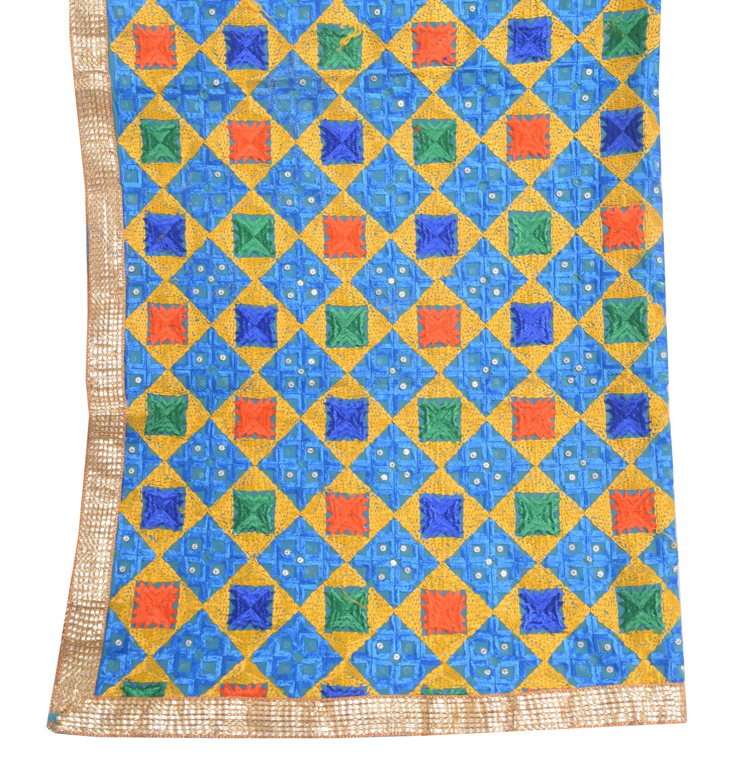 Sushila Vintage Aqua Green Phulkari Embroidered Dupatta Georgette Long Stole