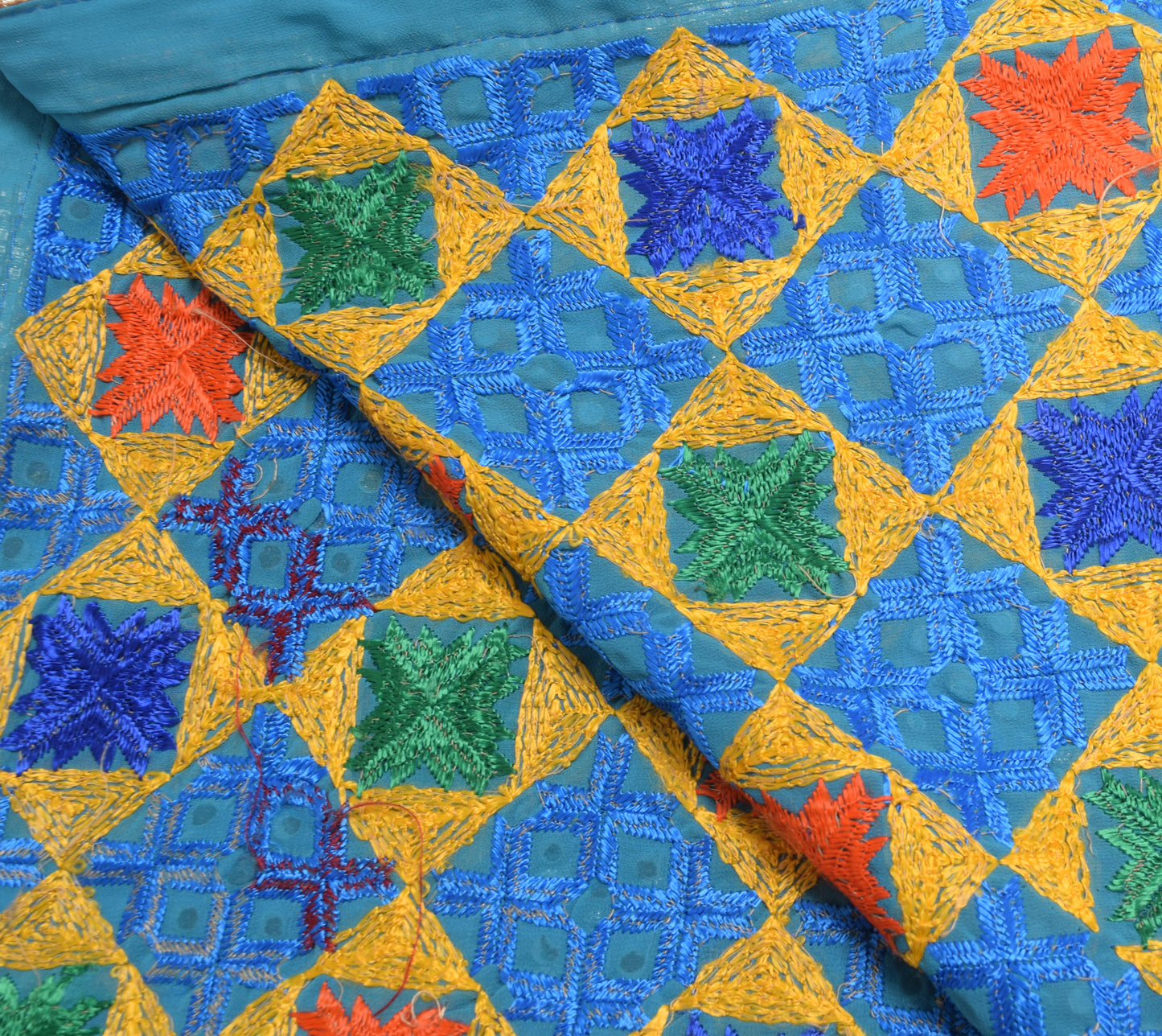 Sushila Vintage Aqua Green Phulkari Embroidered Dupatta Georgette Long Stole