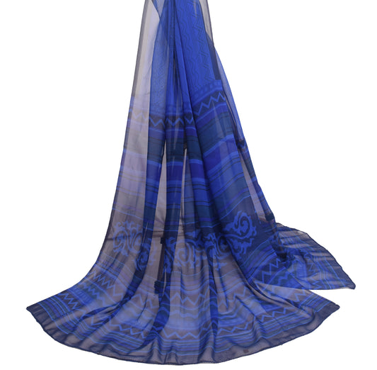 Sushila Vintage Blue Printed Dupatta Blend Georgette Silk Women Long Stole Wrap