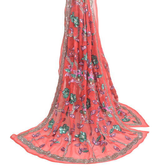 Sushila Vintage Elegant Peach Heavy Dupatta Georgette Sequins Embroidered Stole