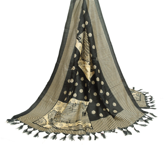 Sushila Vintage Black Art Silk Dupatta Printed & Woven Women's Long Stole Veil