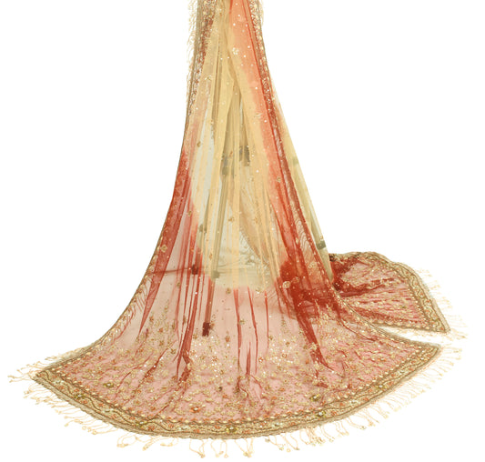 Sushila Vintage Cream & Red Net Heavy Bridal Dupatta Hand Beaded Long Stole Wrap