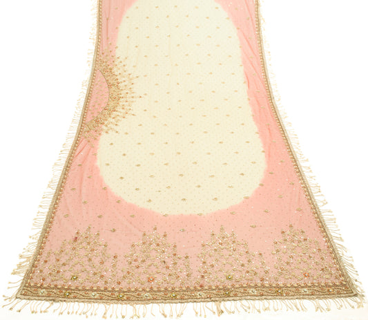Sushila Vintage Cream & Red Net Heavy Bridal Dupatta Hand Beaded Long Stole Wrap