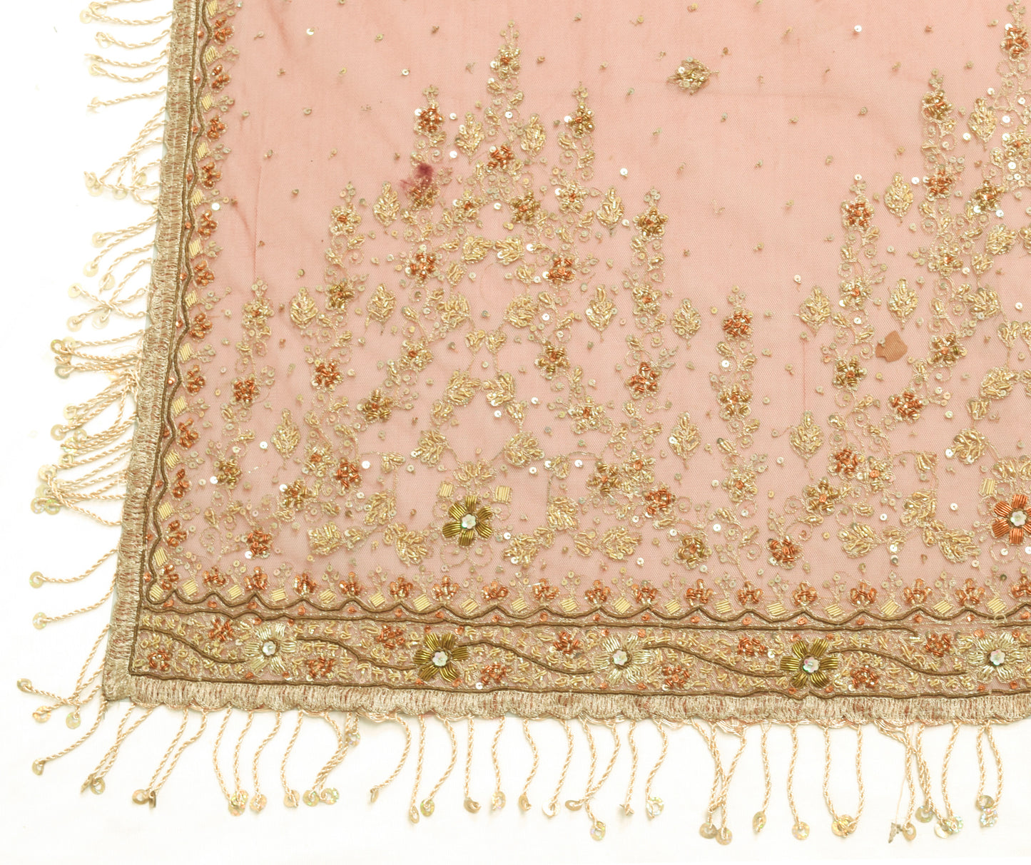 Sushila Vintage Cream & Red Net Heavy Bridal Dupatta Hand Beaded Long Stole Wrap