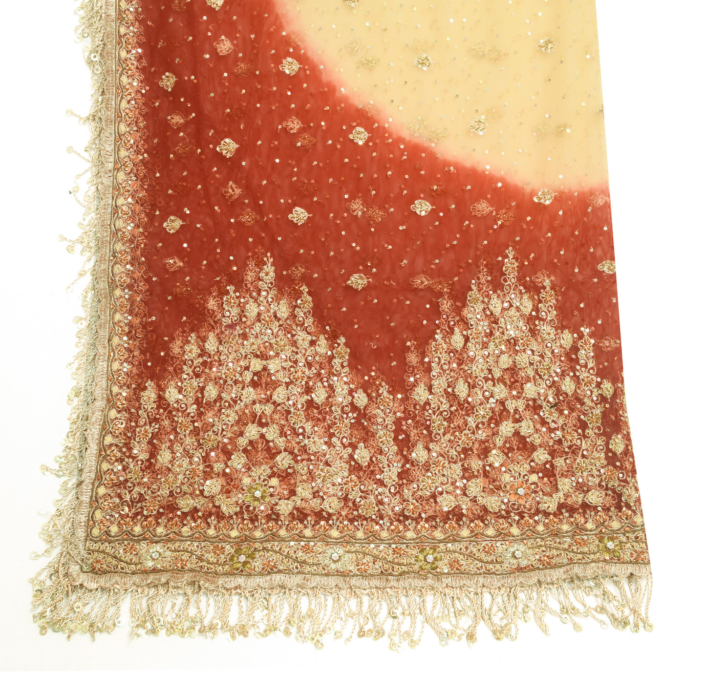 Sushila Vintage Cream & Red Net Heavy Bridal Dupatta Hand Beaded Long Stole Wrap