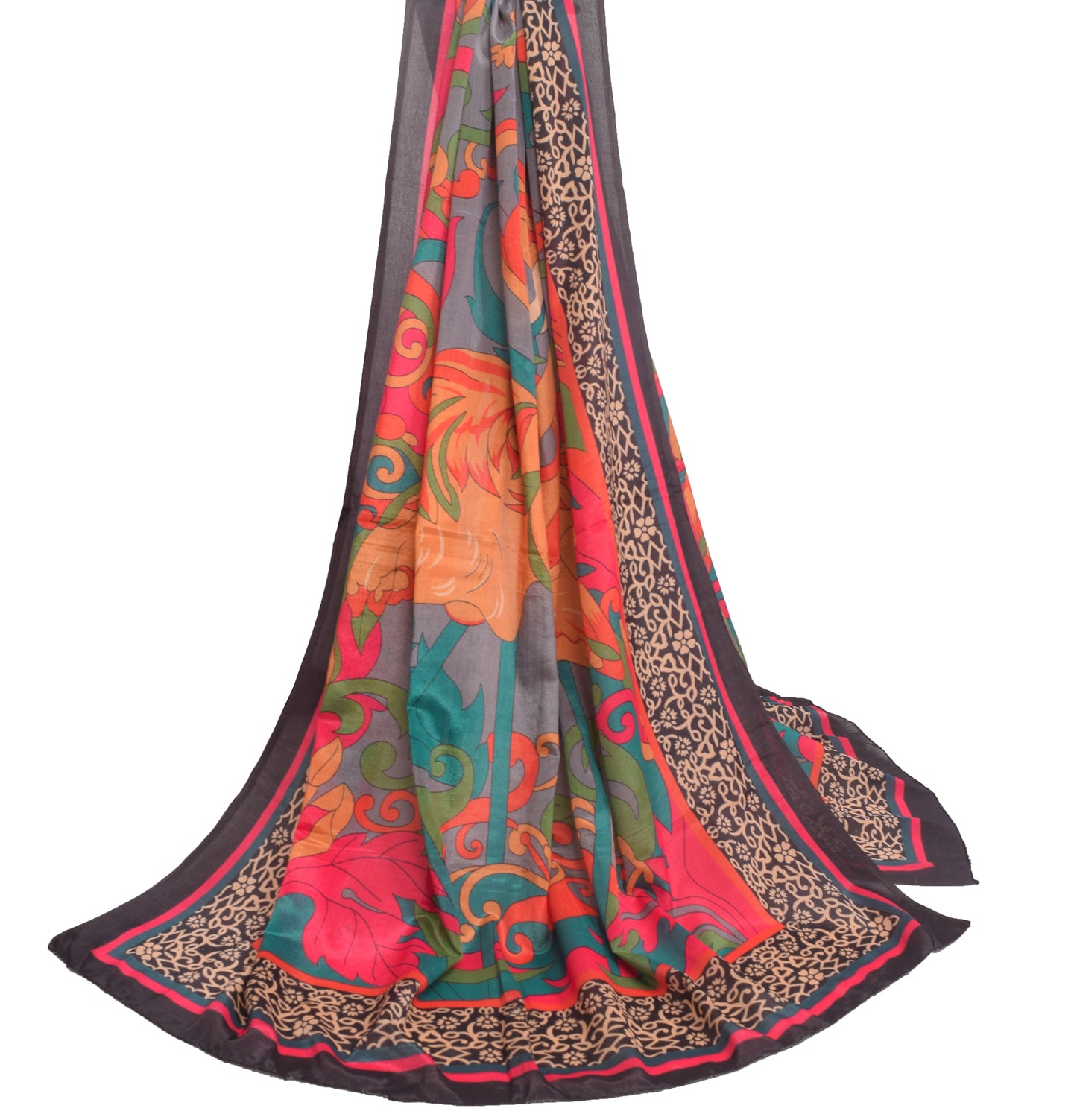 Sushila Vintage Gray Dupatta Art Silk Birds Printed Stylish Women Long Stole