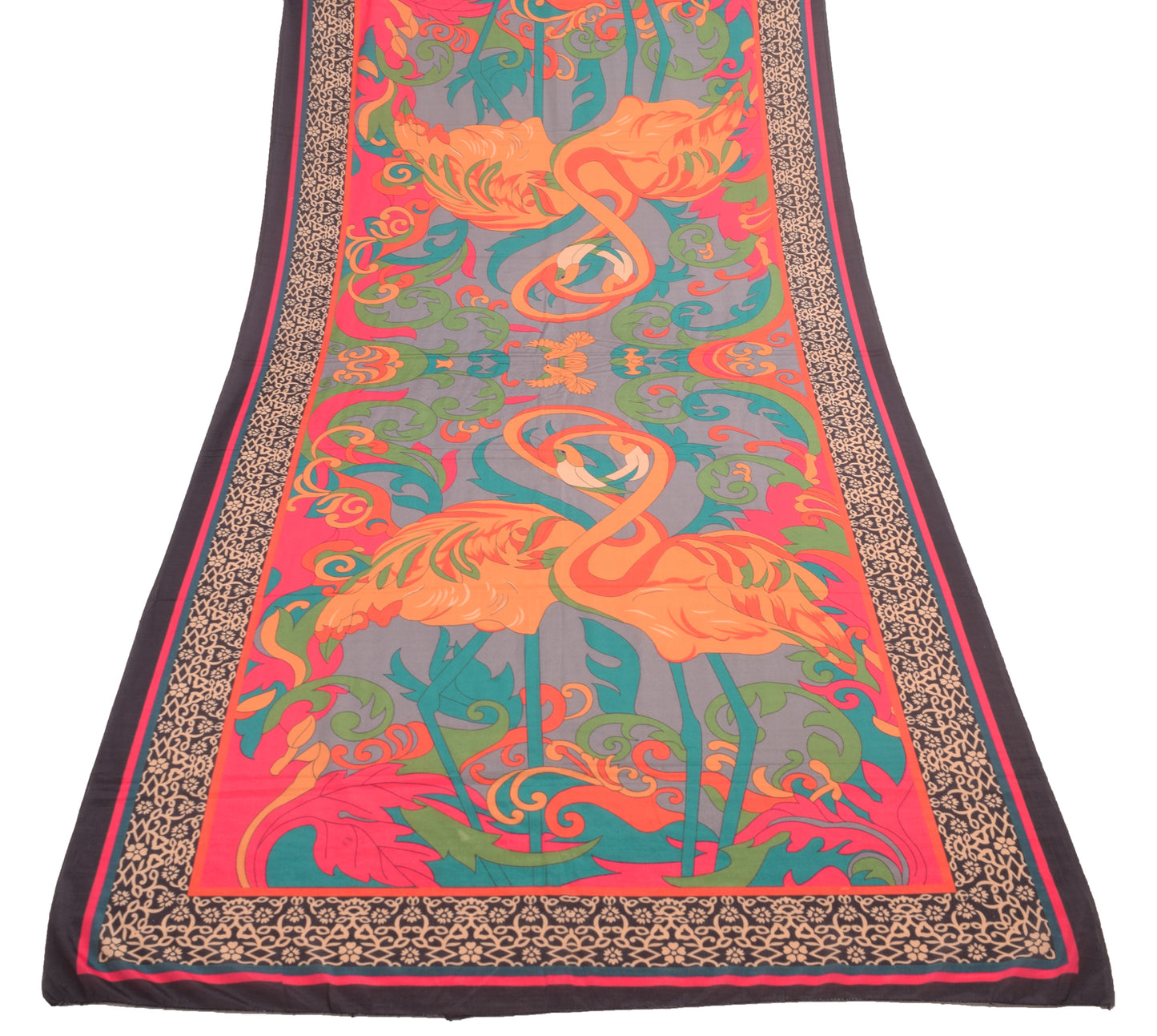 Sushila Vintage Gray Dupatta Art Silk Birds Printed Stylish Women Long Stole