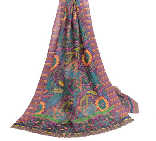 Sushila Vintage MultiColor Dupatta Paisley Woven Branded Woolen Long Stole Shawl