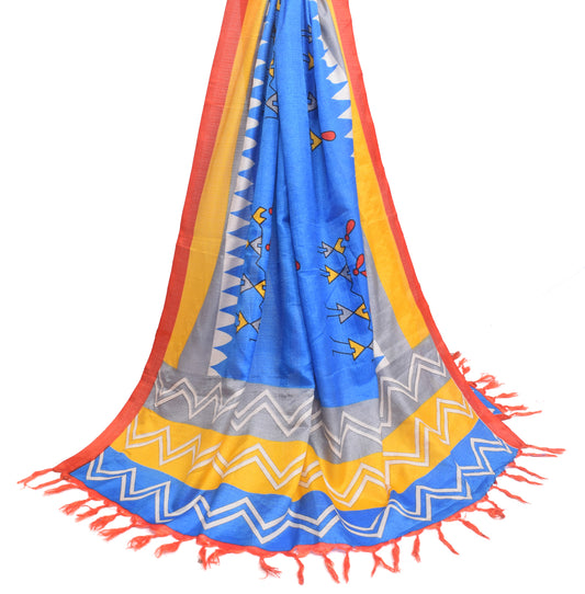 Sushila Vintage Blue Dupatta Art Silk Warli Printed & Woven Long Stole Scarves