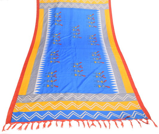 Sushila Vintage Blue Dupatta Art Silk Warli Printed & Woven Long Stole Scarves