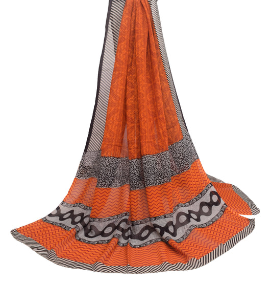 Sushila Vintage Orange Dupatta 100%Pure Georgette Silk Floral Printed Long Stole