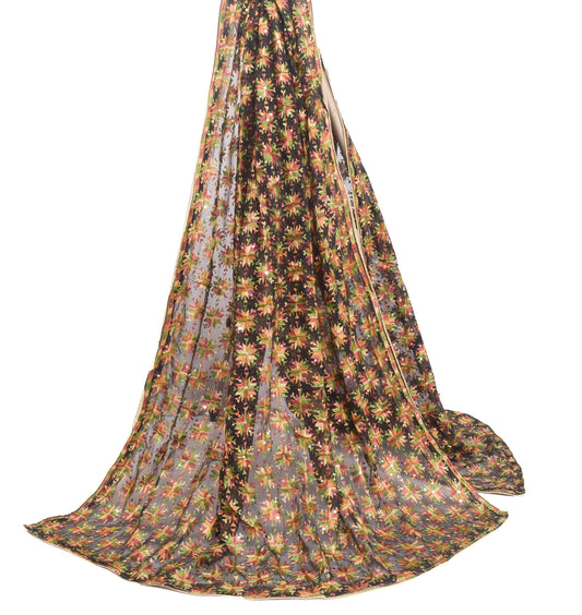 Sushila Vintage Black Chiffon Dupatta Phulkari Embroidered Floral Long Stole