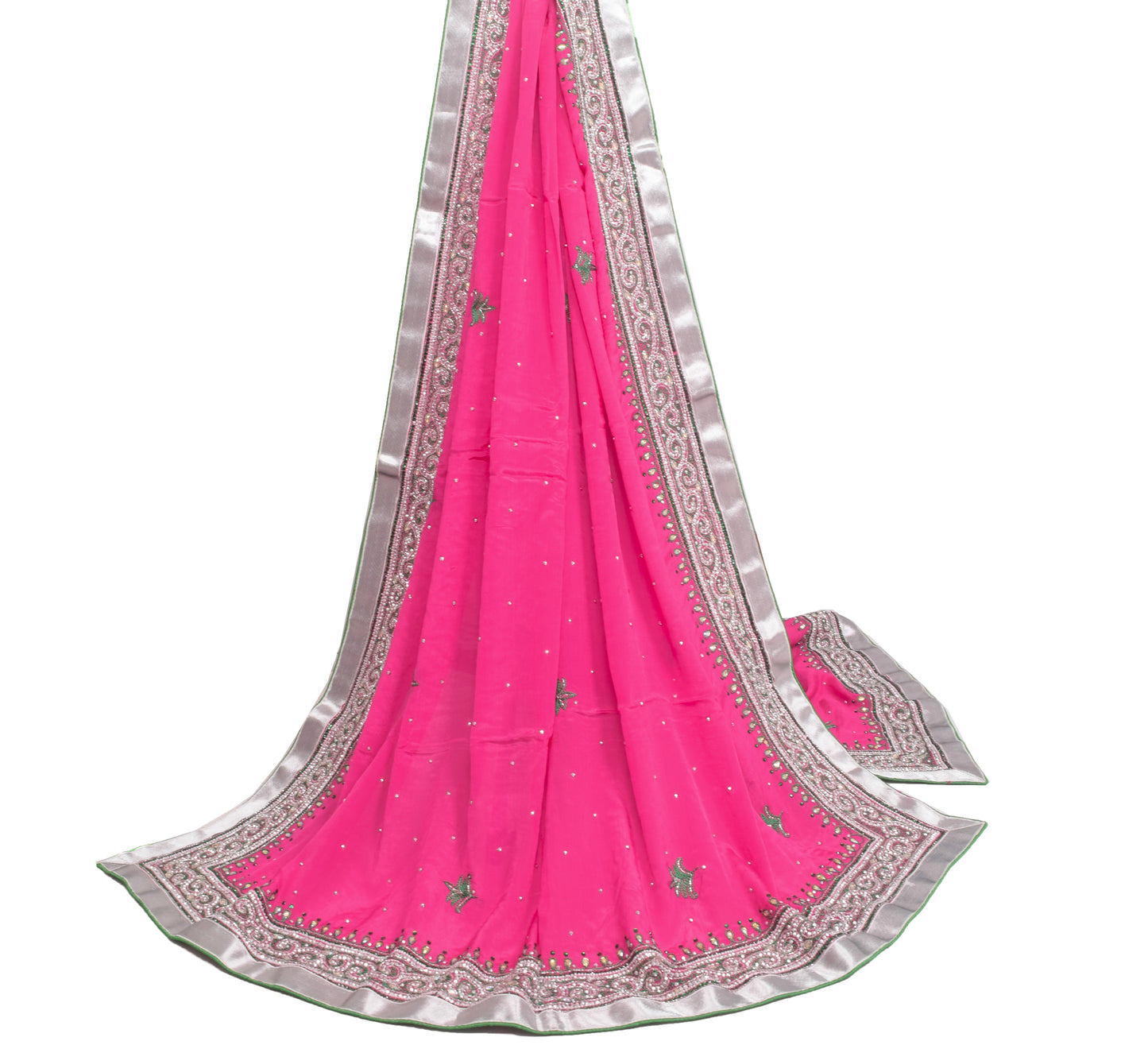 Sushila Vintage Magenta Dupatta 100% Pure Chiffon Silk Embroidered Long Stole