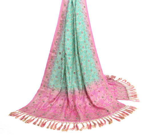 Sushila Vintage Aqua Blue Dupatta 100%Pure Silk All Over Woven Floral Long Stole