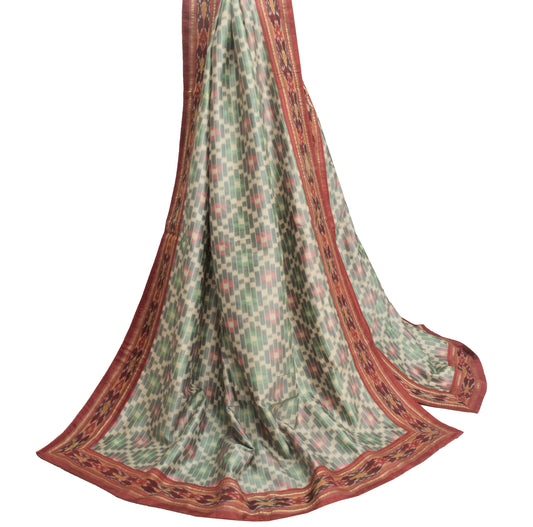 Sushila Vintage Cream Dupatta 100% Pure Silk Hand Woven Ikkat Patola Long Stole