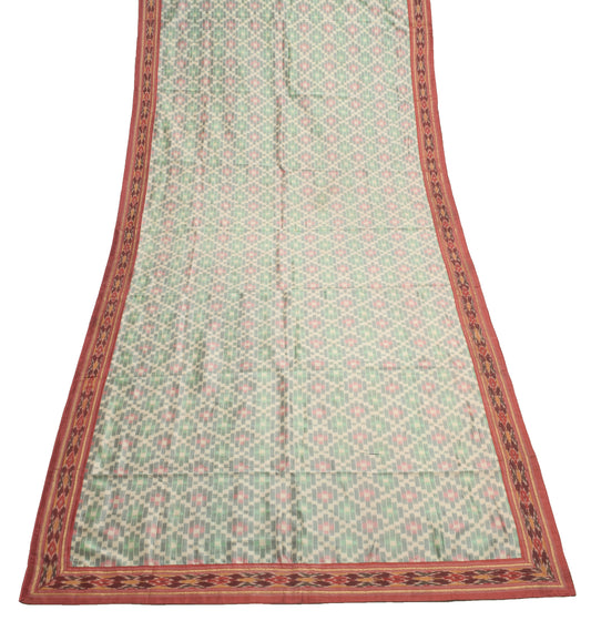 Sushila Vintage Cream Dupatta 100% Pure Silk Hand Woven Ikkat Patola Long Stole