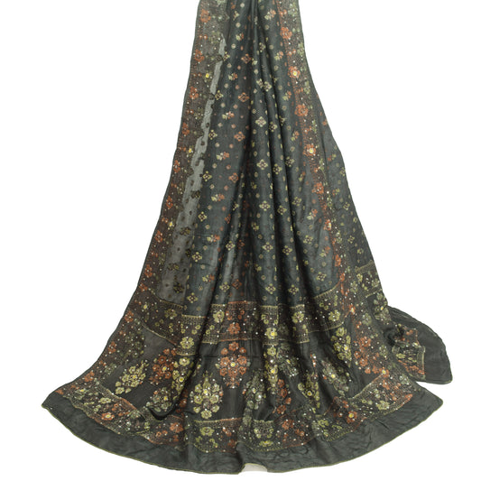 Sushila Vintage Grayish Black Dupatta 100%Pure Silk Woven Floral Long Stole Wrap
