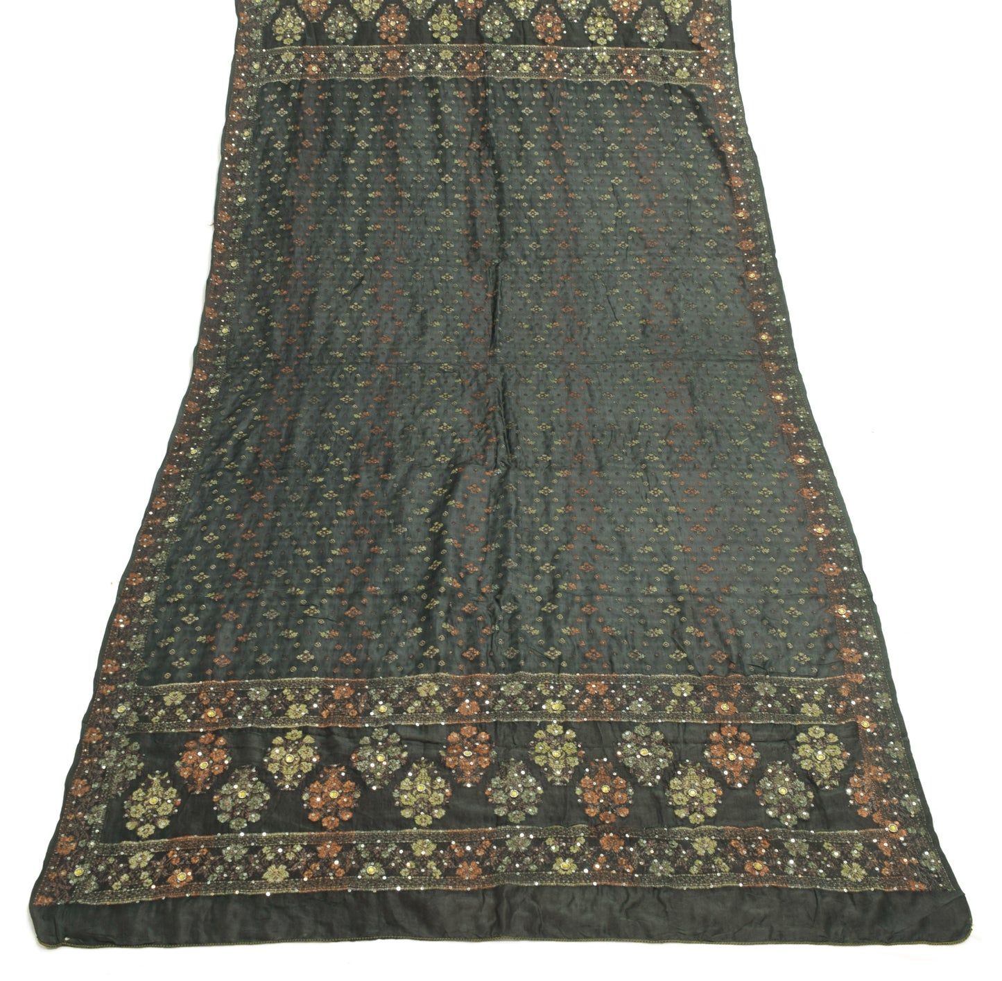 Sushila Vintage Grayish Black Dupatta 100%Pure Silk Woven Floral Long Stole Wrap