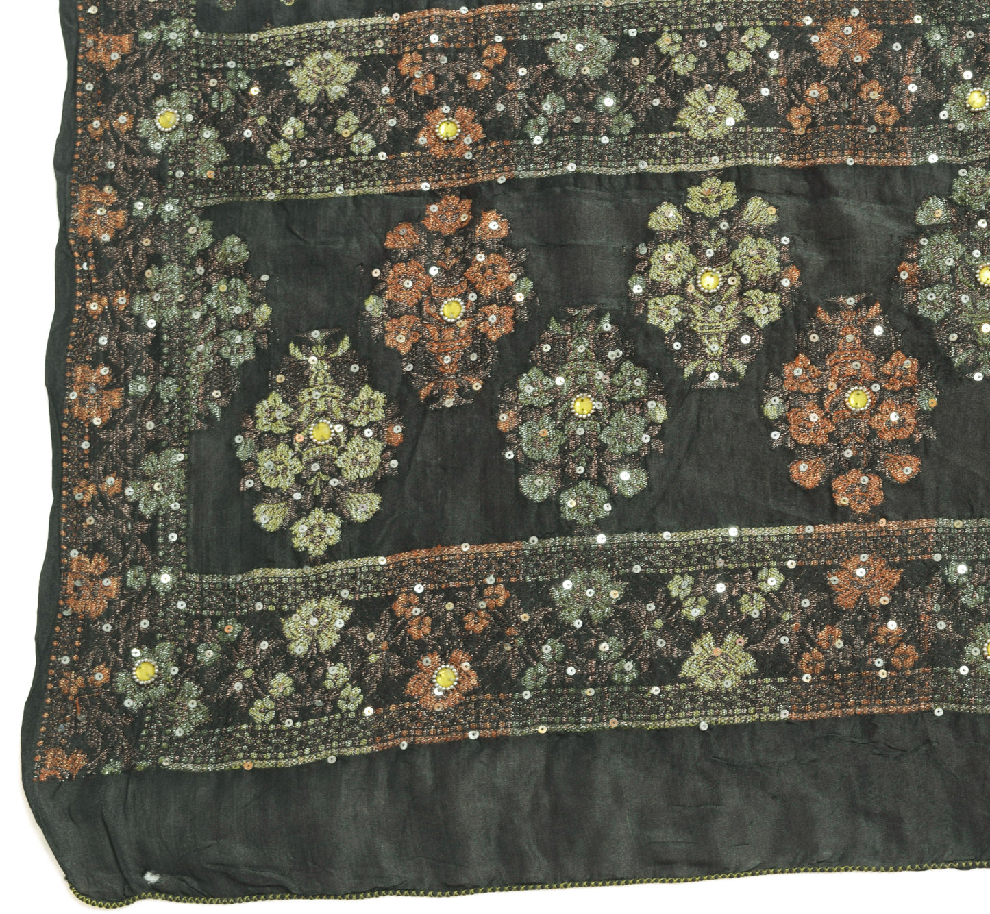 Sushila Vintage Grayish Black Dupatta 100%Pure Silk Woven Floral Long Stole Wrap