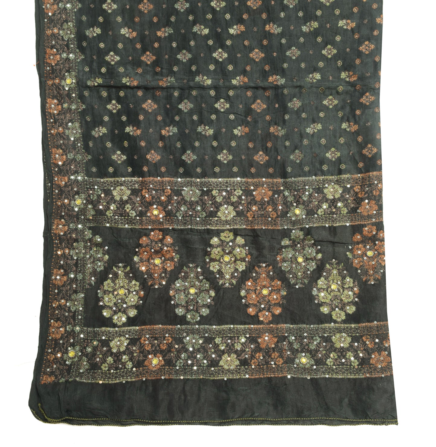 Sushila Vintage Grayish Black Dupatta 100%Pure Silk Woven Floral Long Stole Wrap