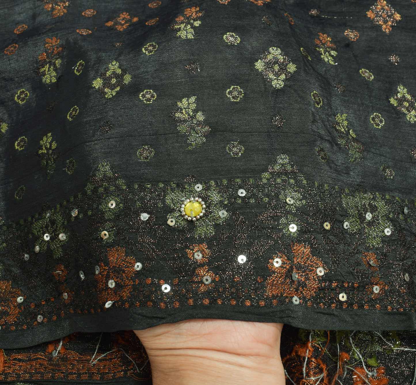 Sushila Vintage Grayish Black Dupatta 100%Pure Silk Woven Floral Long Stole Wrap
