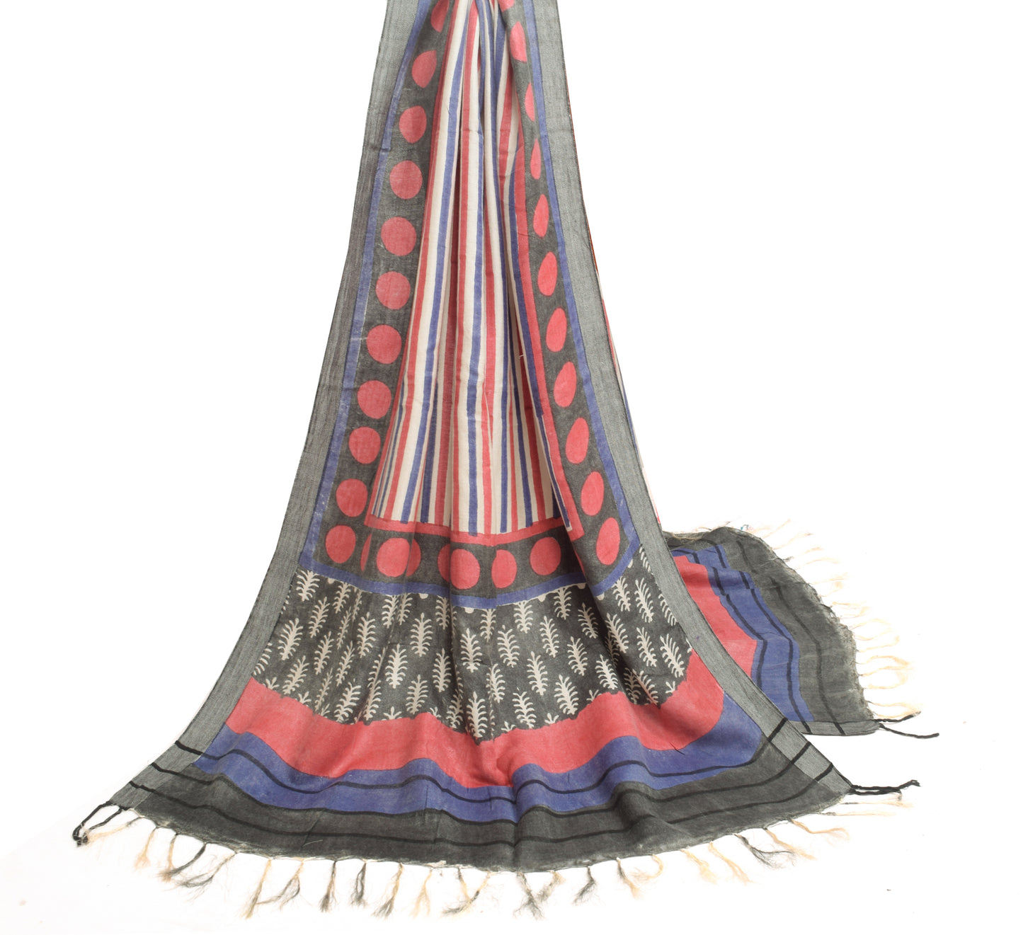 Sushila Vintage Cream Dupatta Blend Woolen Printed Stripes Long Stole Shawl Veil