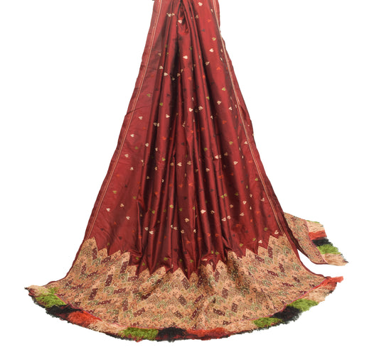 Sushila Vintage Maroon Embroidered Dupatta 100% Pure Silk Long Stole Veil Wrap