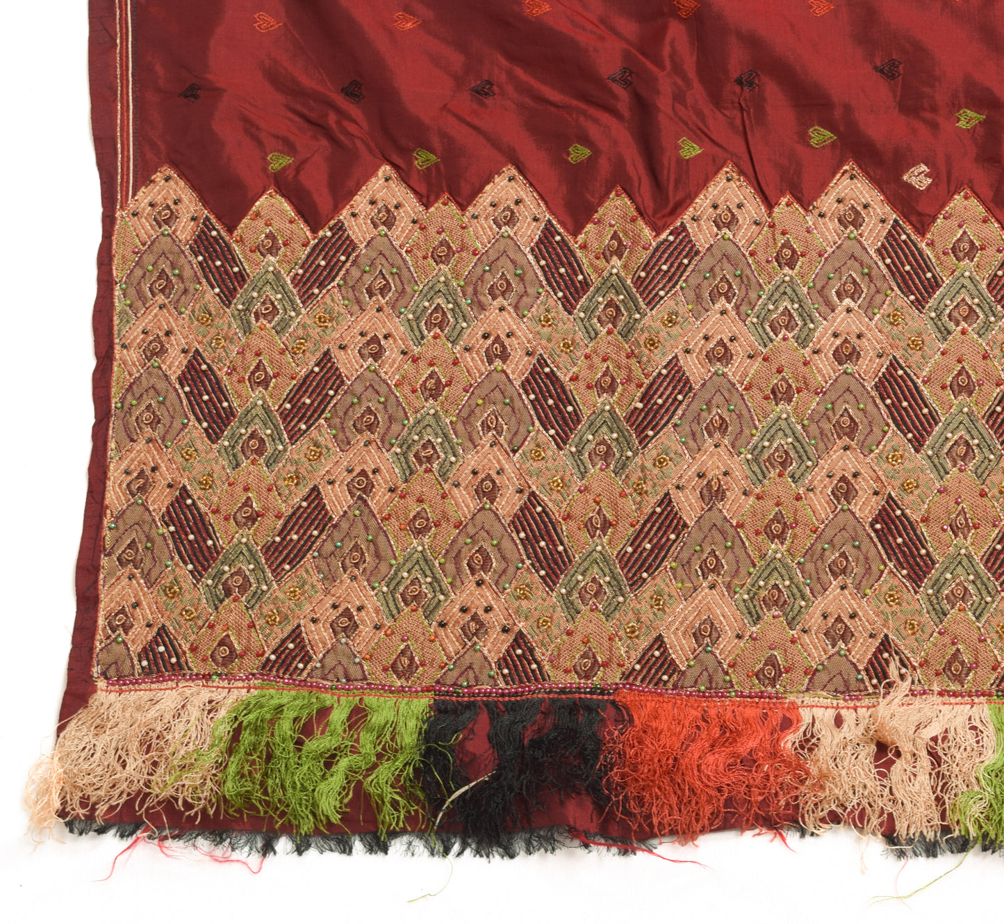Sushila Vintage Maroon Embroidered Dupatta 100% Pure Silk Long Stole Veil Wrap