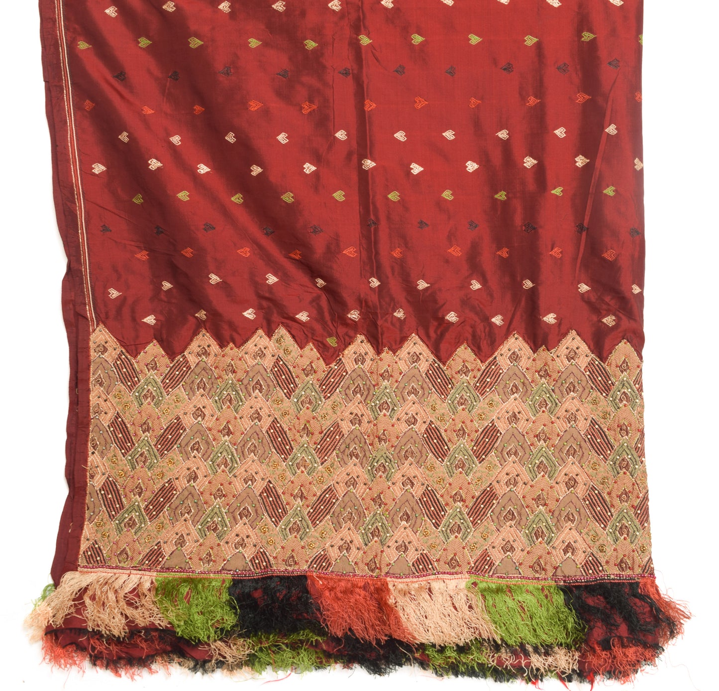 Sushila Vintage Maroon Embroidered Dupatta 100% Pure Silk Long Stole Veil Wrap