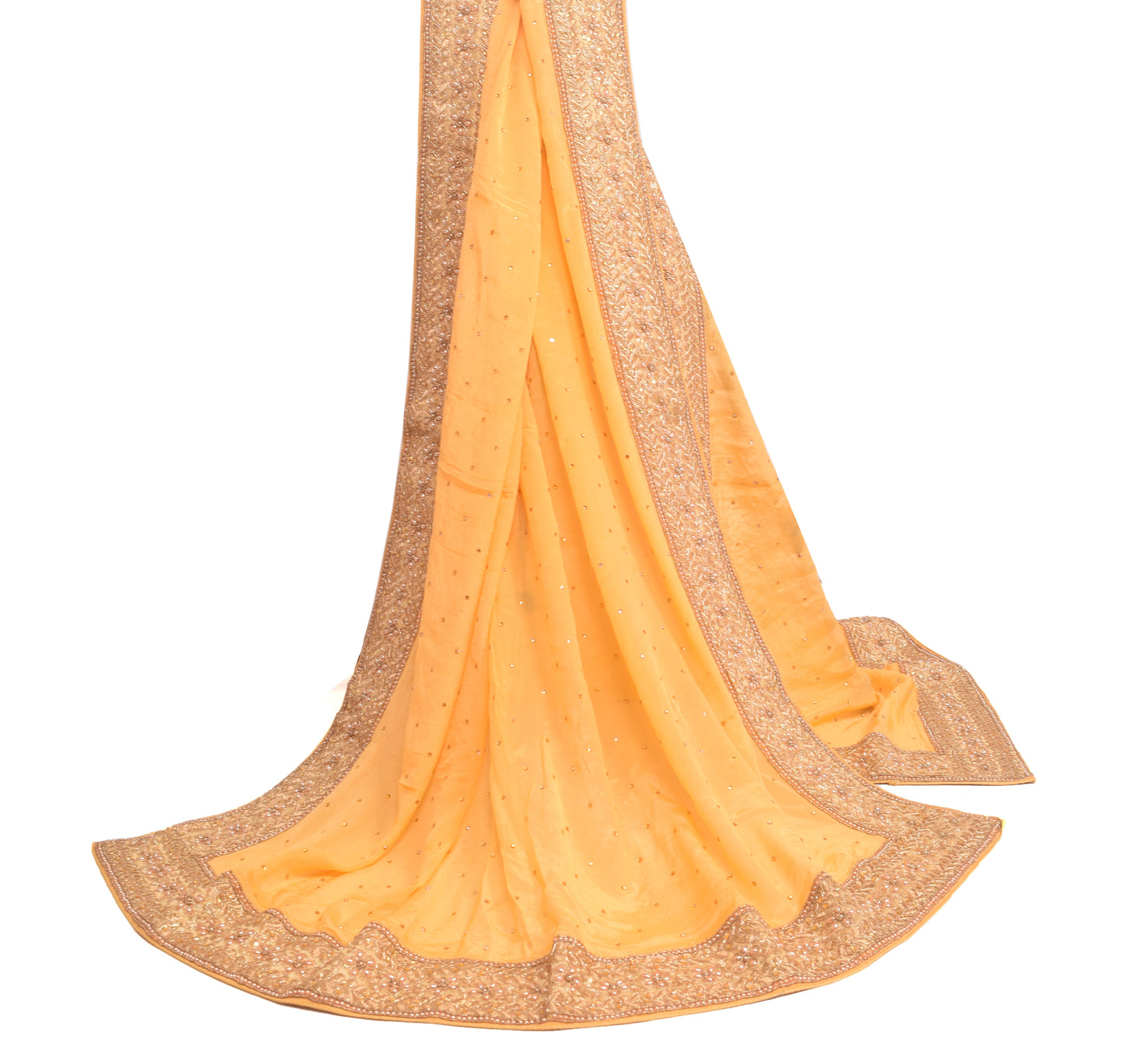Sushila Vintage Yellow Heavy Dupatta 100%Pure Chiffon Silk Patch Work Long Stole