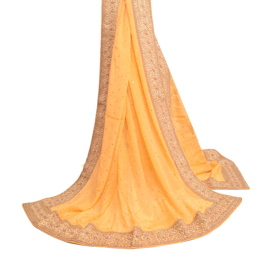 Sushila Vintage Yellow Heavy Dupatta 100%Pure Chiffon Silk Patch Work Long Stole