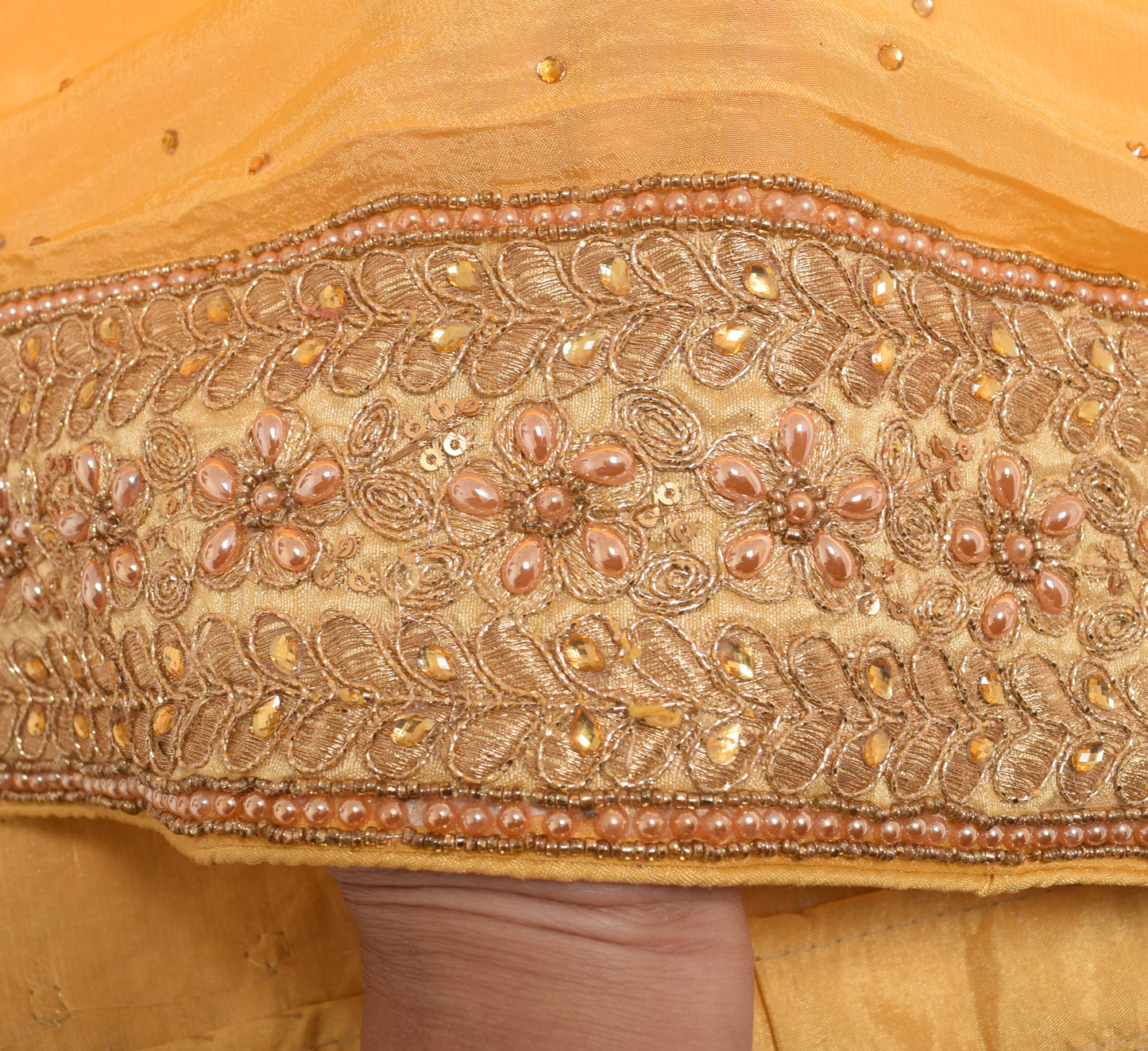 Sushila Vintage Yellow Heavy Dupatta 100%Pure Chiffon Silk Patch Work Long Stole