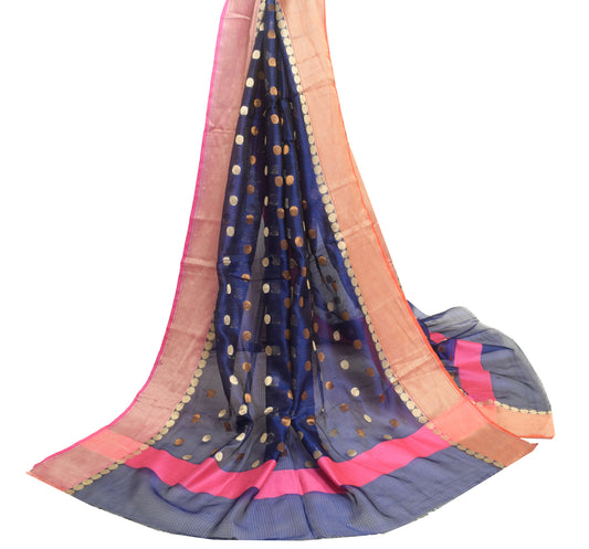 Sushila Vintage Blue Dupatta 100% Pure Silk Woven Polka Dot Classy Long Stole
