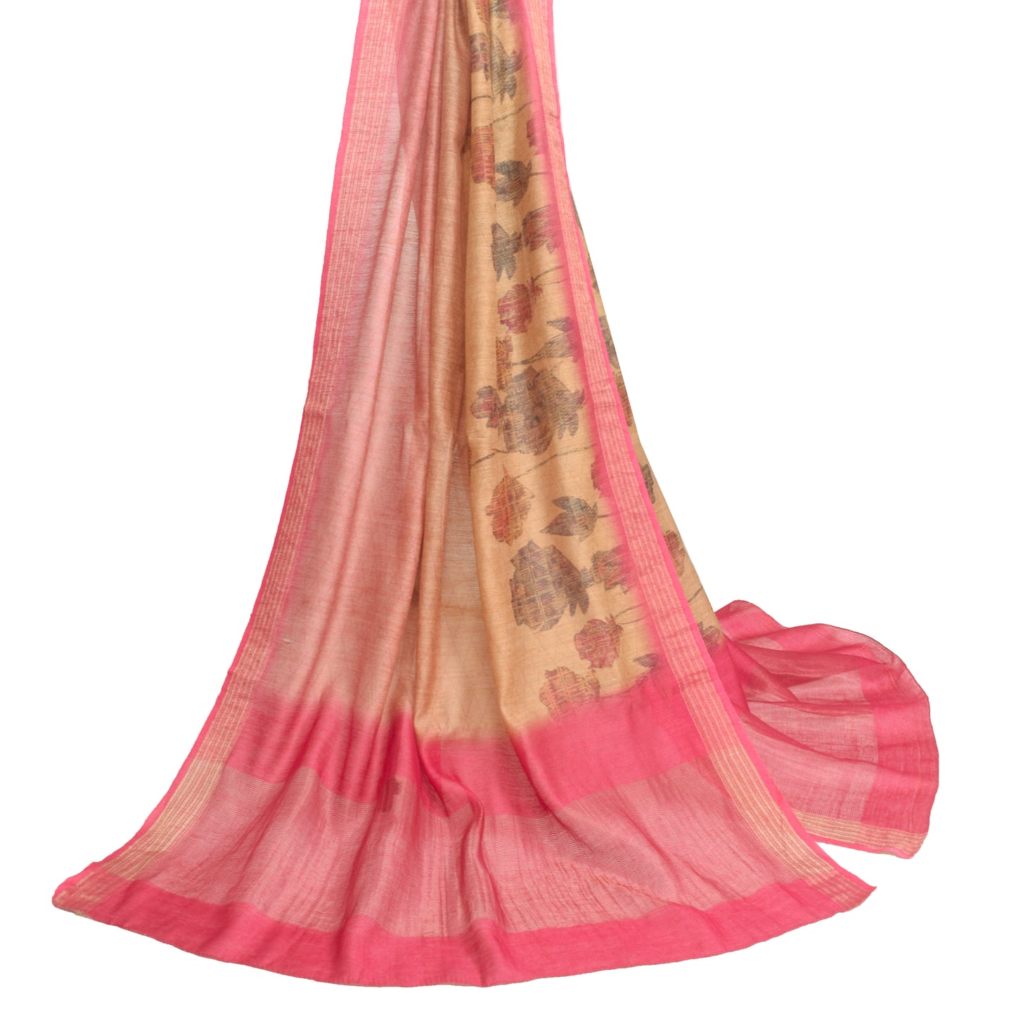 Sushila Vintage Brown&Pink Dupatta 100% Pure Silk Printed Floral Soft Long Stole