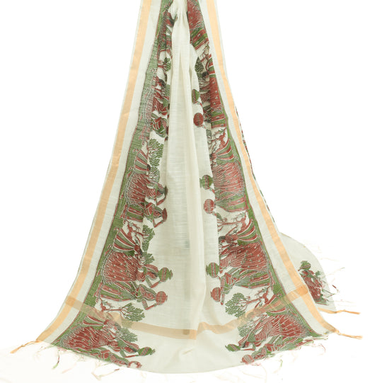 Sushila Vintage White Dupatta Blend Cotton Human Printed & Woven Long Stole Veil
