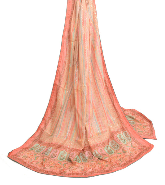 Sushila Vintage Multi-Color Chiffon Dupatta Sequins Work Floral Long Stole Veil
